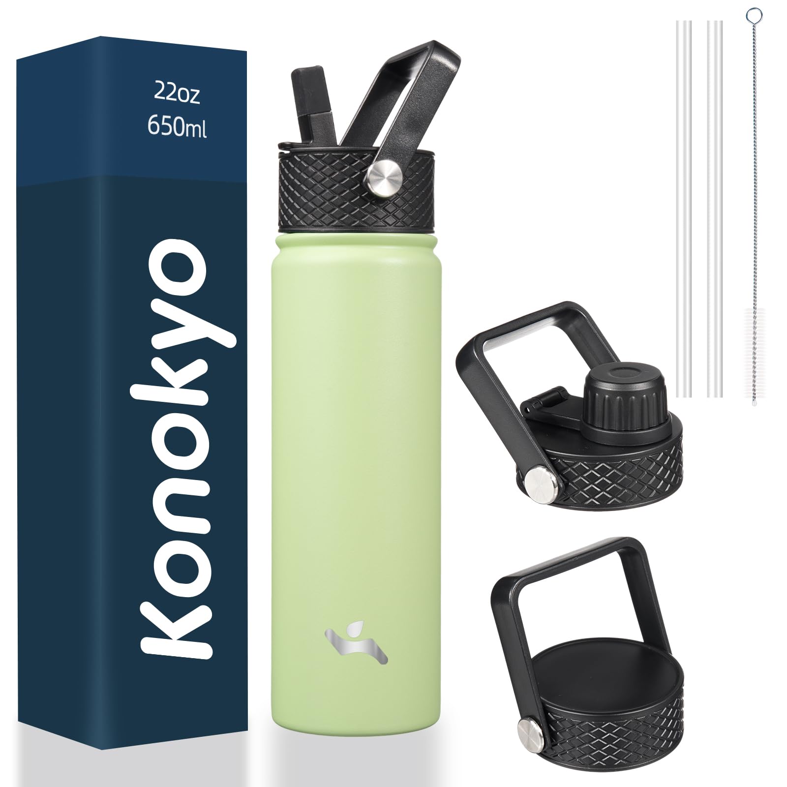 18 oz Insulated Water Bottle Stainless Steel Sport Bottles with 3 Lids,Mint