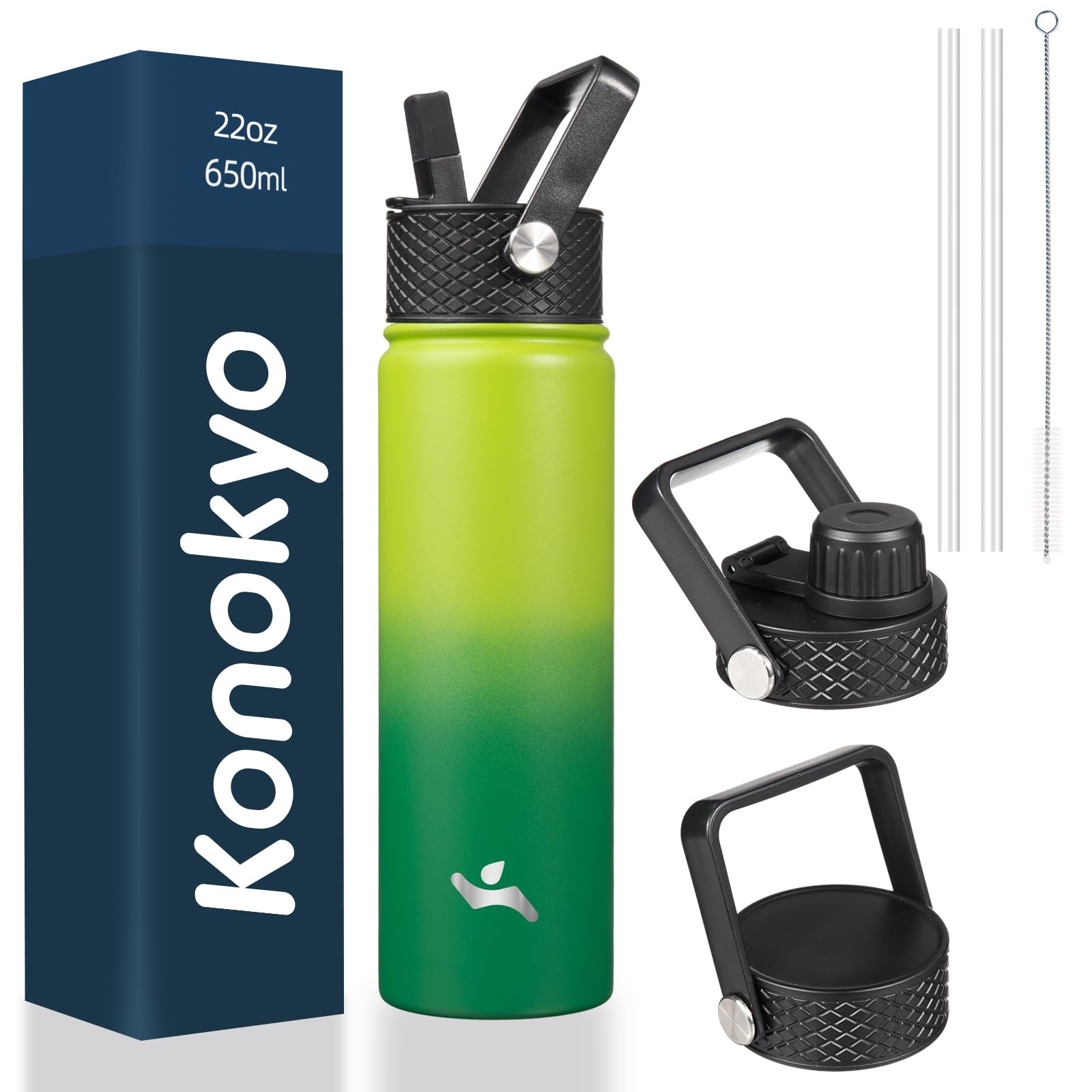 18 oz Insulated Water Bottle Stainless Steel Sport Bottles with 3 Lids,Mint