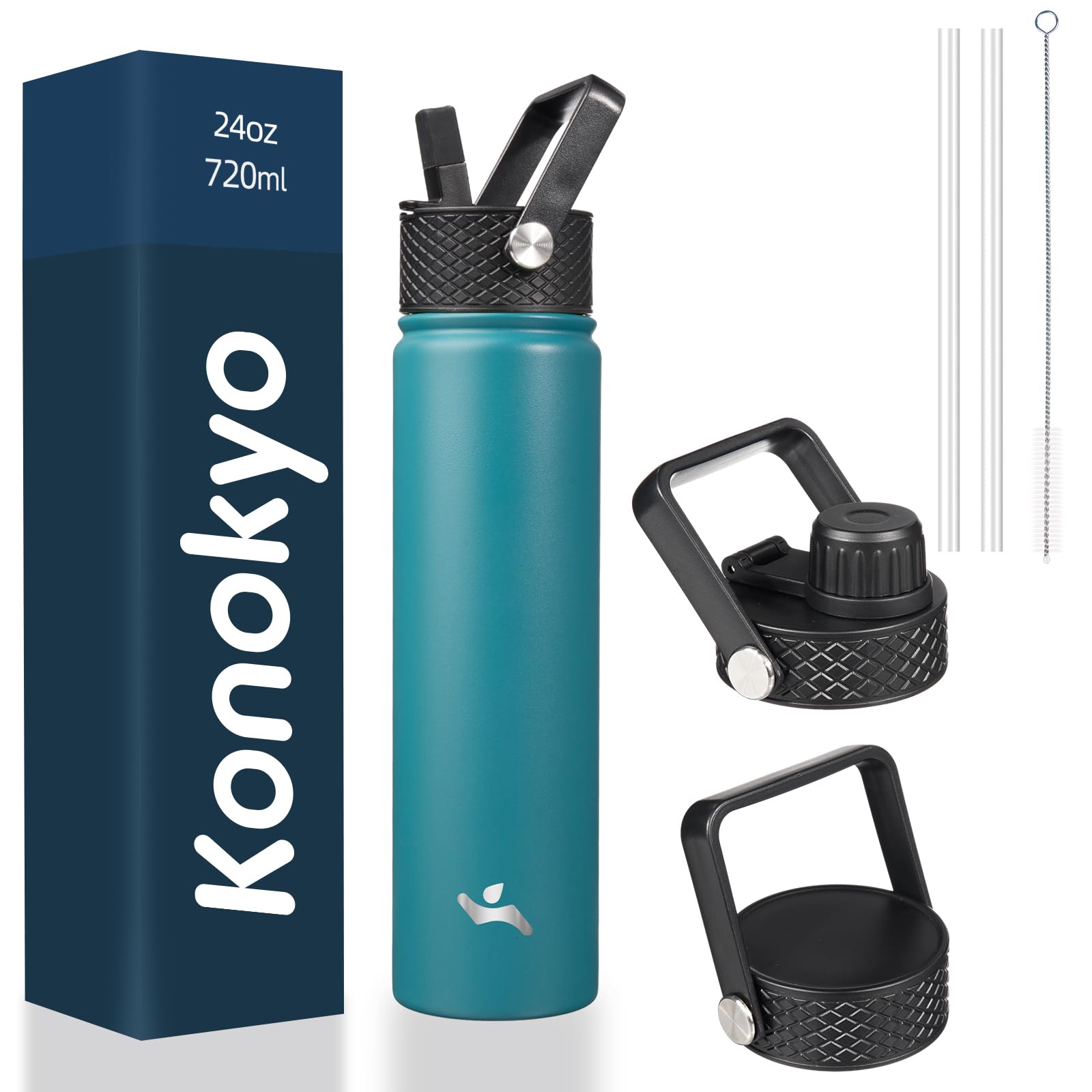 18 oz Insulated Water Bottle Stainless Steel Sport Bottles with 3 Lids,Mint