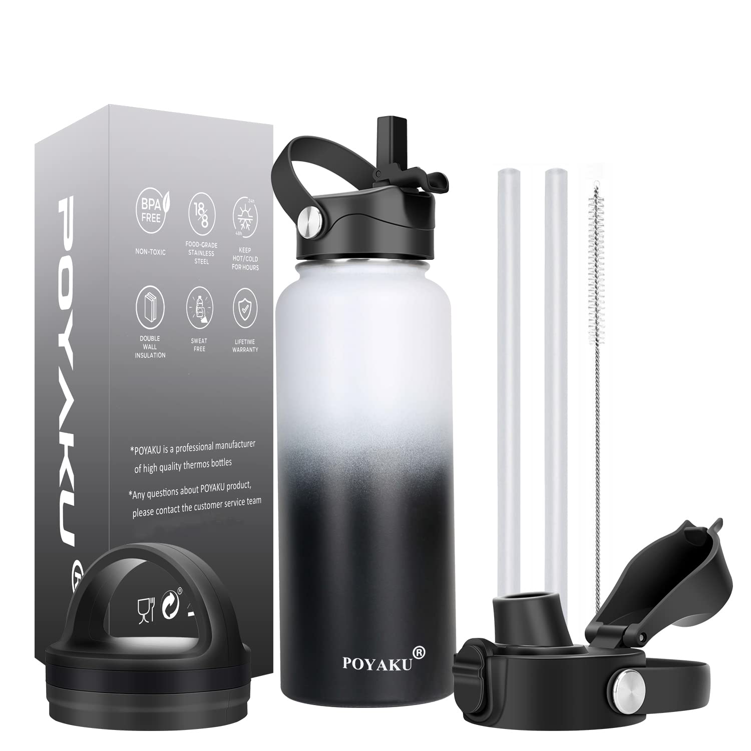 Water Bottle Insulated 32oz 40oz 64oz 128oz Straw Lid Spout Lid & 3 Lids, Leak Proof, Vacuum Insulated,Stainless Steel Water Bottle Wide Mouth for Sports, Gym or Office