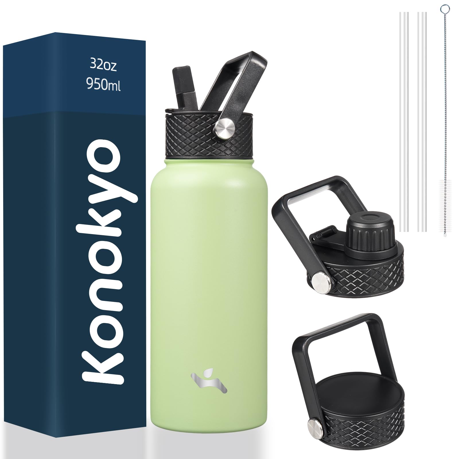 18 oz Insulated Water Bottle Stainless Steel Sport Bottles with 3 Lids,Mint