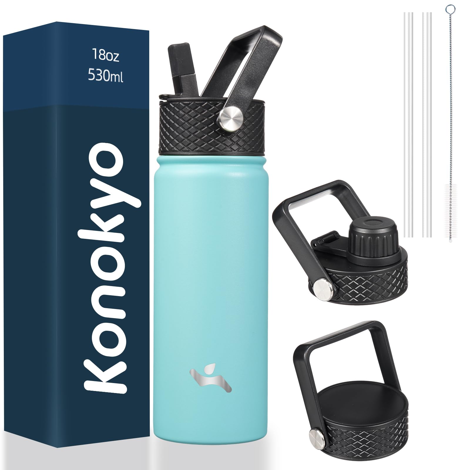 18 oz Insulated Water Bottle Stainless Steel Sport Bottles with 3 Lids,Mint