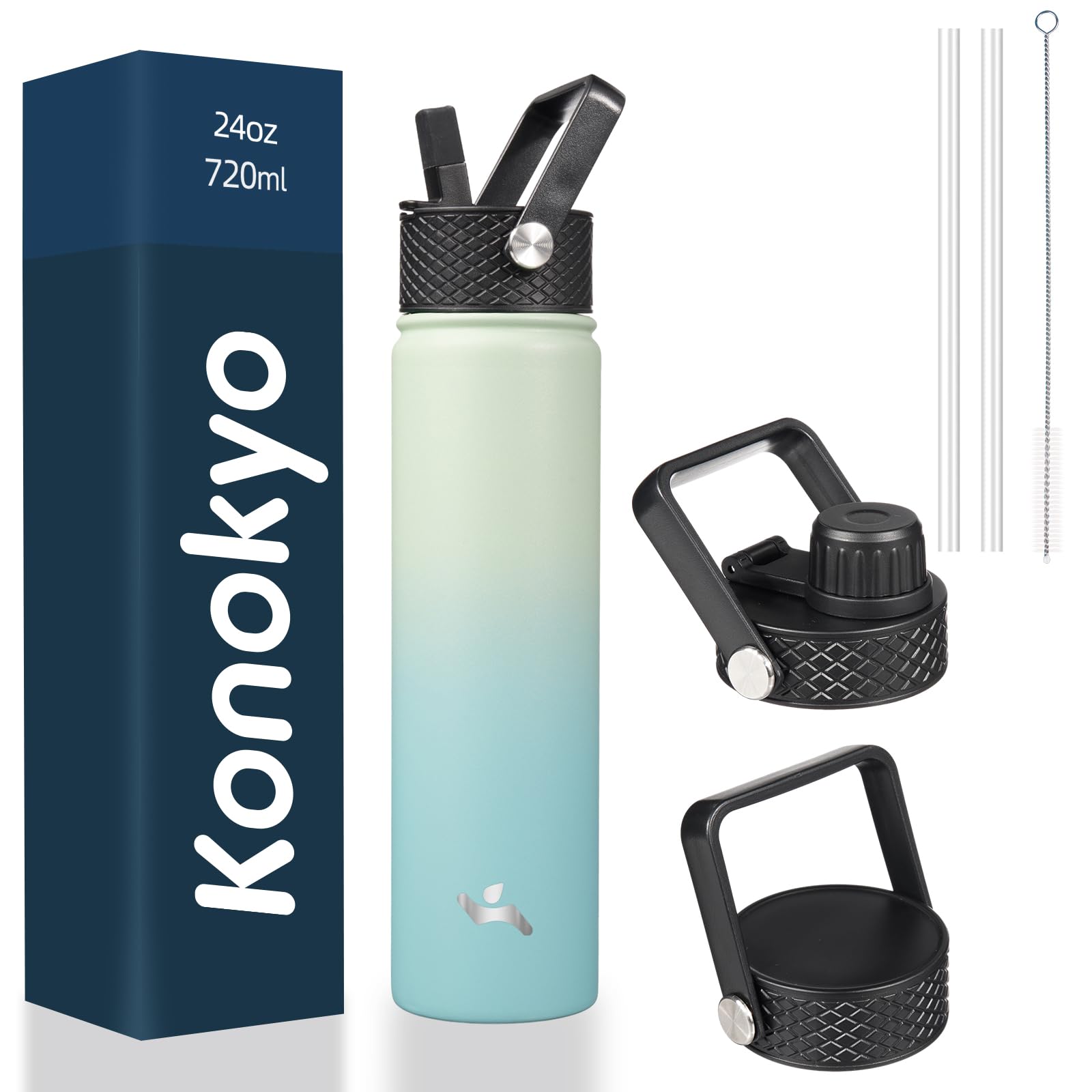 18 oz Insulated Water Bottle Stainless Steel Sport Bottles with 3 Lids,Mint