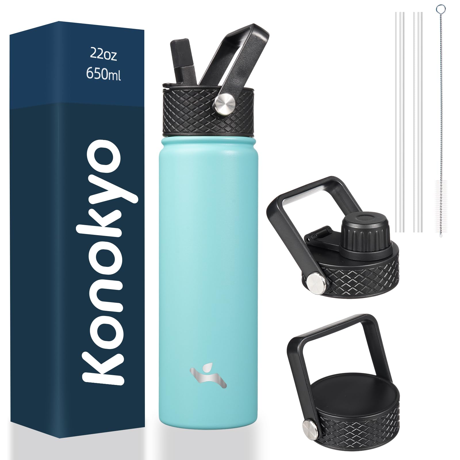 18 oz Insulated Water Bottle Stainless Steel Sport Bottles with 3 Lids,Mint