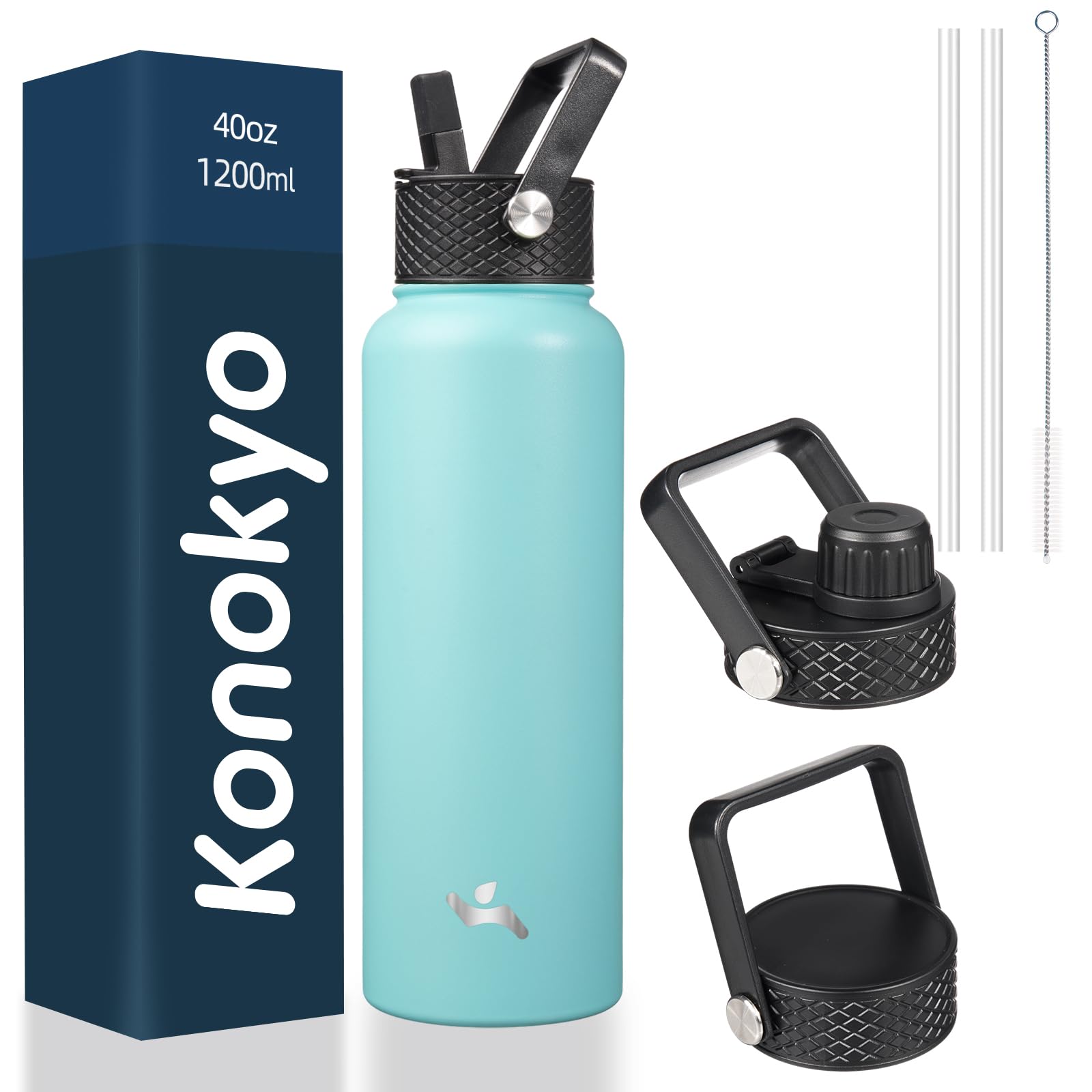 18 oz Insulated Water Bottle Stainless Steel Sport Bottles with 3 Lids,Mint