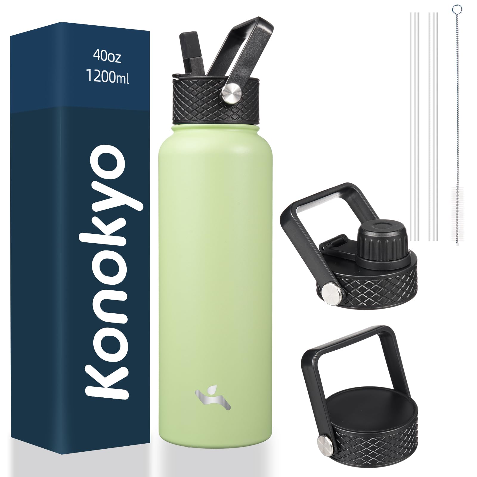 18 oz Insulated Water Bottle Stainless Steel Sport Bottles with 3 Lids,Mint