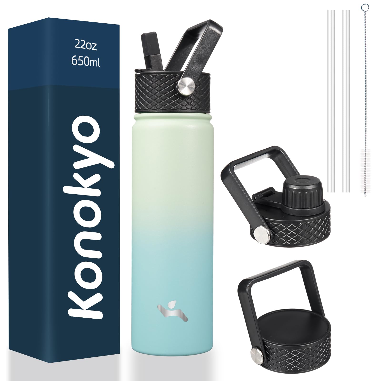 18 oz Insulated Water Bottle Stainless Steel Sport Bottles with 3 Lids,Mint