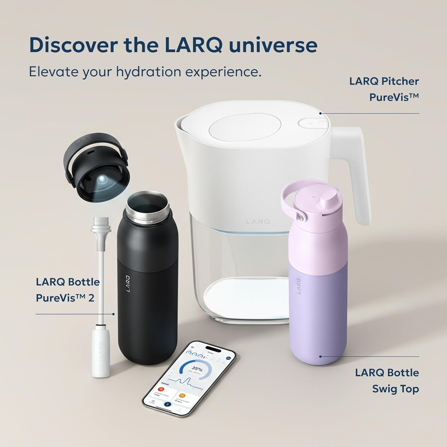 LARQ Bottle Movement PureVis 32 oz- Lightweight Self-Cleaning and Non-Insulated Stainless Steel Water Bottle with UV Water Purifier | Reusable & Travel Friendly, 1-Year Warranty, Black/Onyx