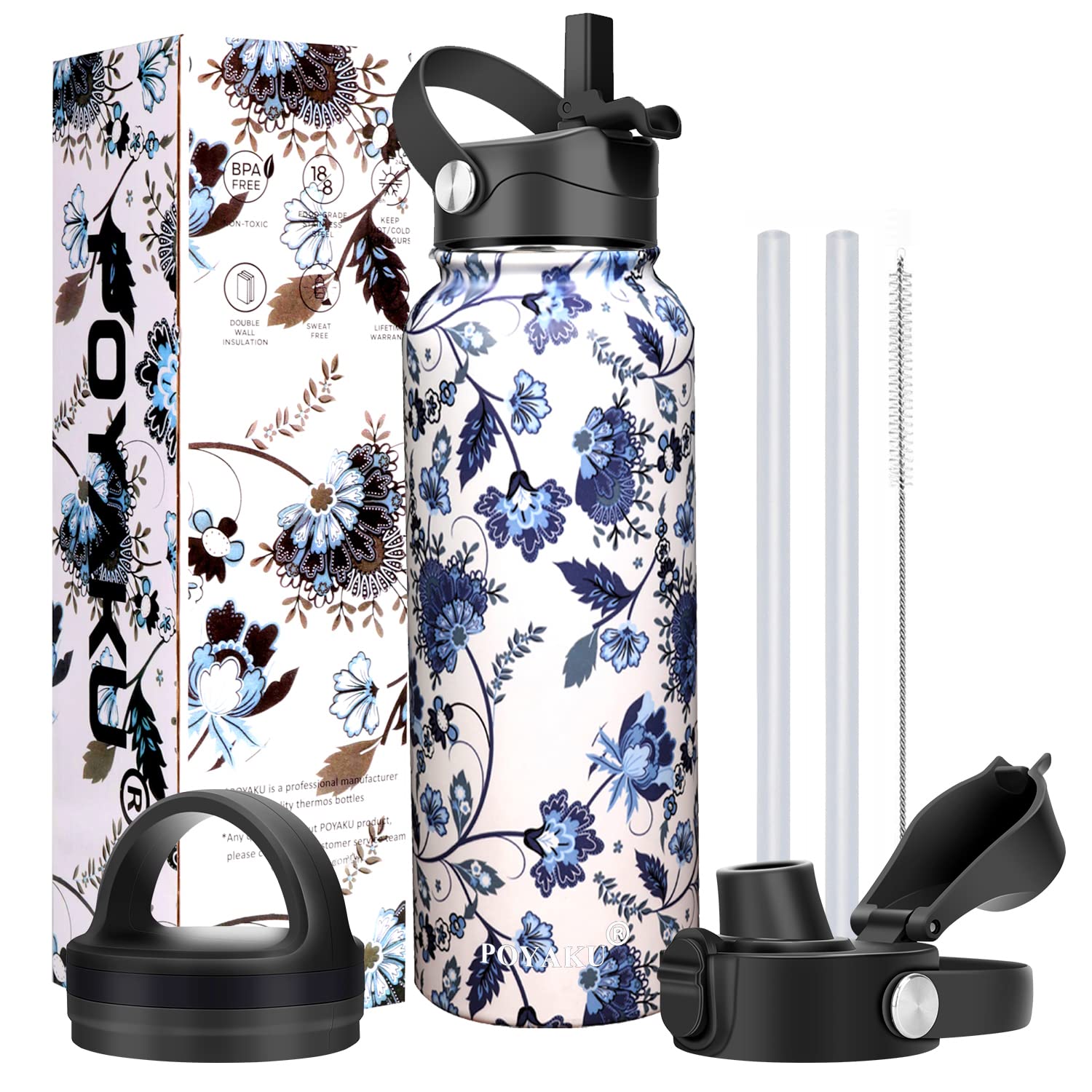 Water Bottle Insulated 32oz 40oz 64oz 128oz Straw Lid Spout Lid & 3 Lids, Leak Proof, Vacuum Insulated,Stainless Steel Water Bottle Wide Mouth for Sports, Gym or Office