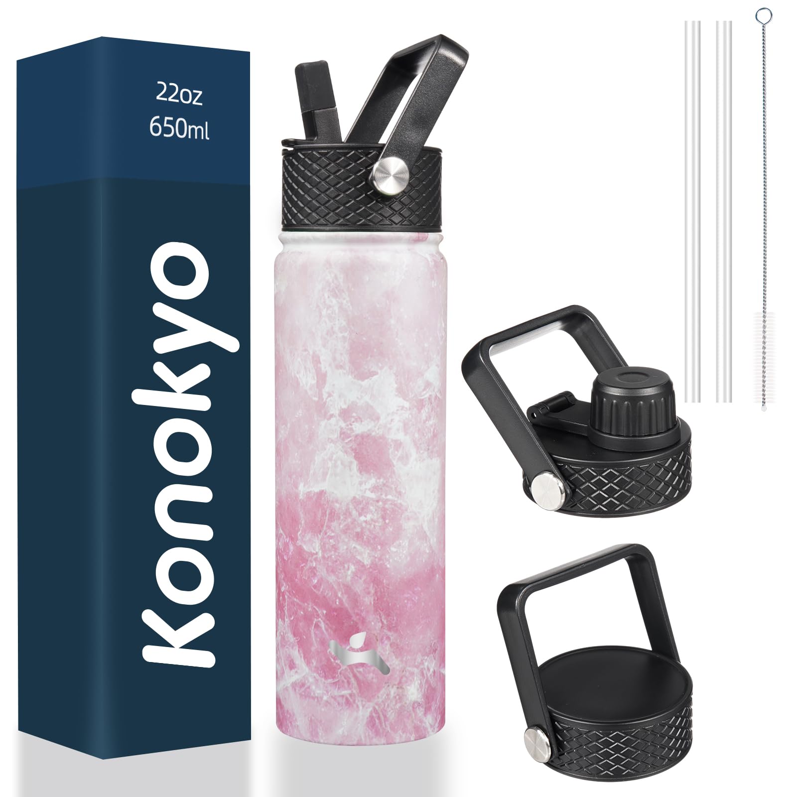 18 oz Insulated Water Bottle Stainless Steel Sport Bottles with 3 Lids,Mint