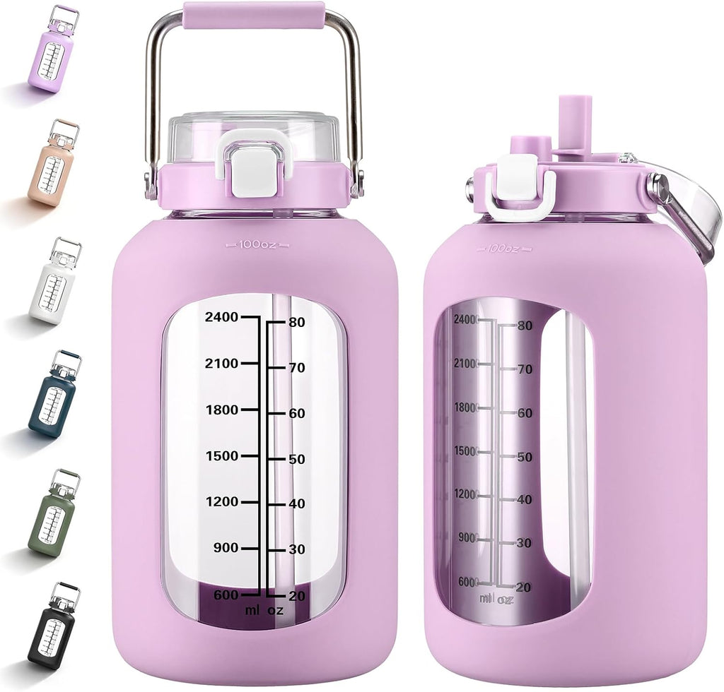 MUKOKO 100oz Glass Water Bottle with Time Marker and Silicone Sleeve 3L Large Water Jug with Stainless Steel Handle Gallon Drinking Bottle with 2-in-1 Lid Wide Mouth BPA Free, Purple