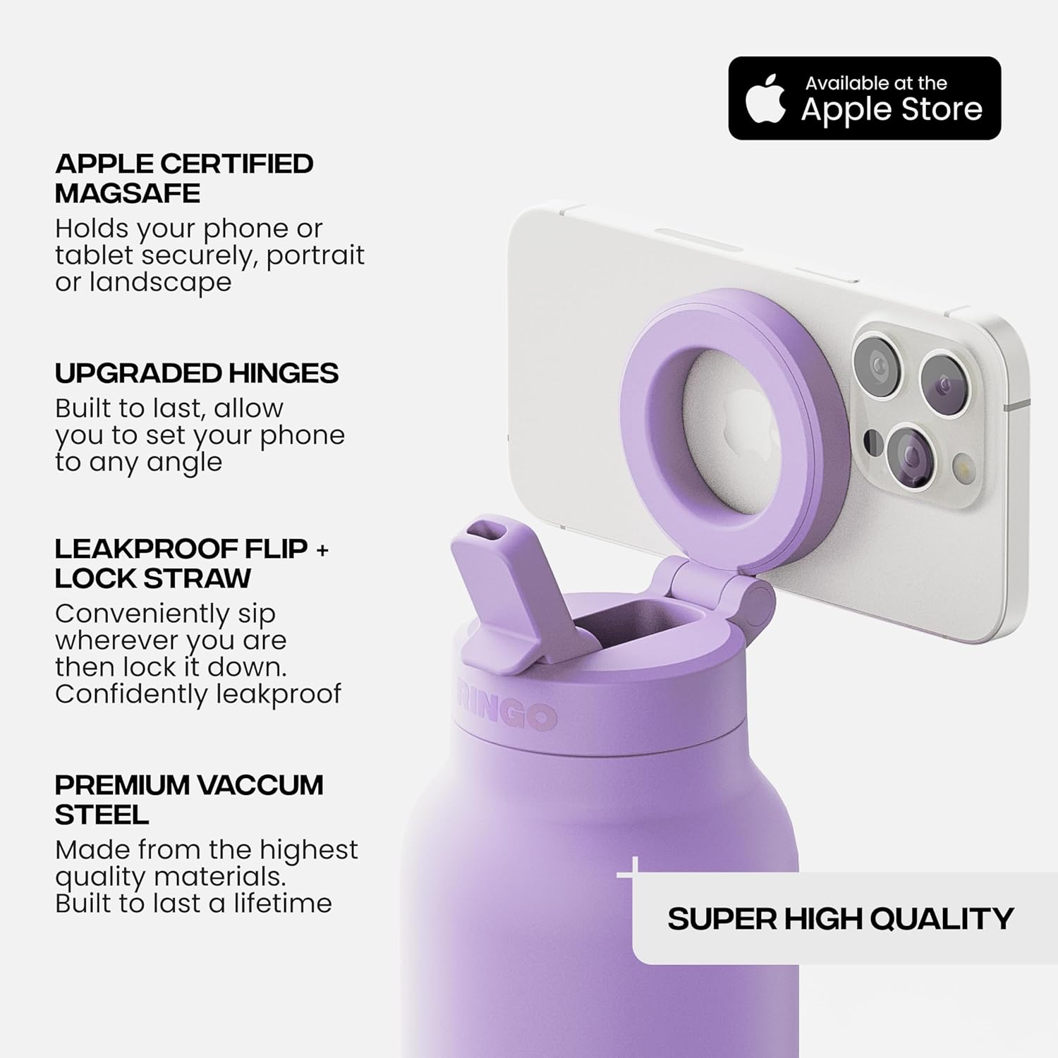 Ringo PRO Water Bottle with Magnetic Phone Mount & Sip Straw Lid - Insulated Stainless Steel Bottle for Workouts, Content Creation, Navigation & Facetime on the Go, 12Hrs Hot/24Hrs Cold Lilac-24oz