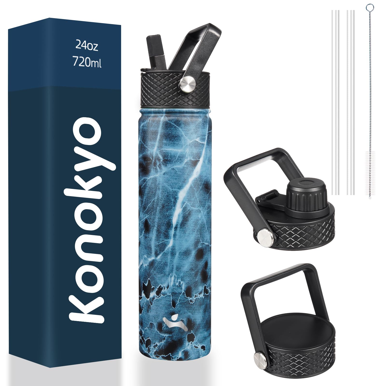 18 oz Insulated Water Bottle Stainless Steel Sport Bottles with 3 Lids,Mint