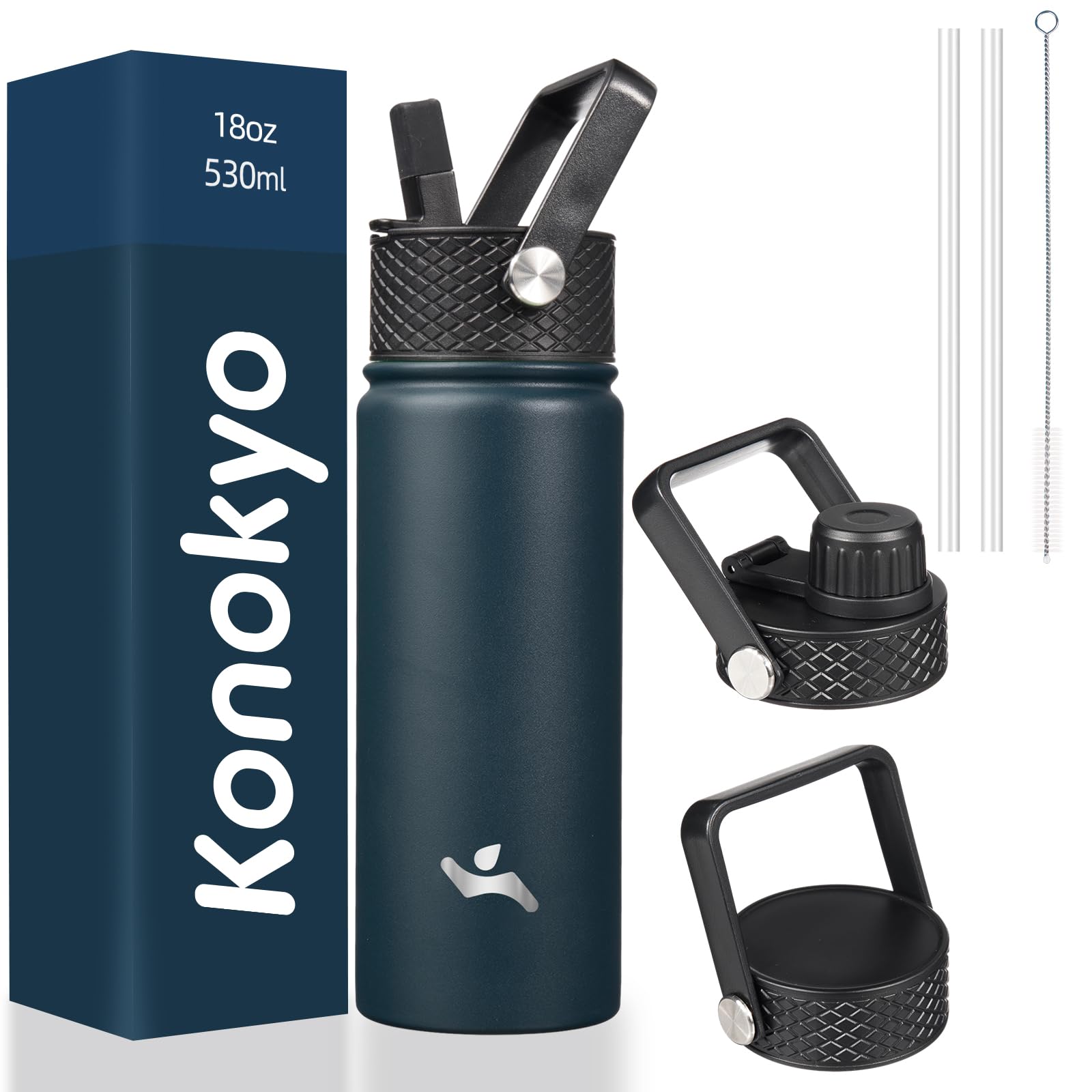 18 oz Insulated Water Bottle Stainless Steel Sport Bottles with 3 Lids,Mint