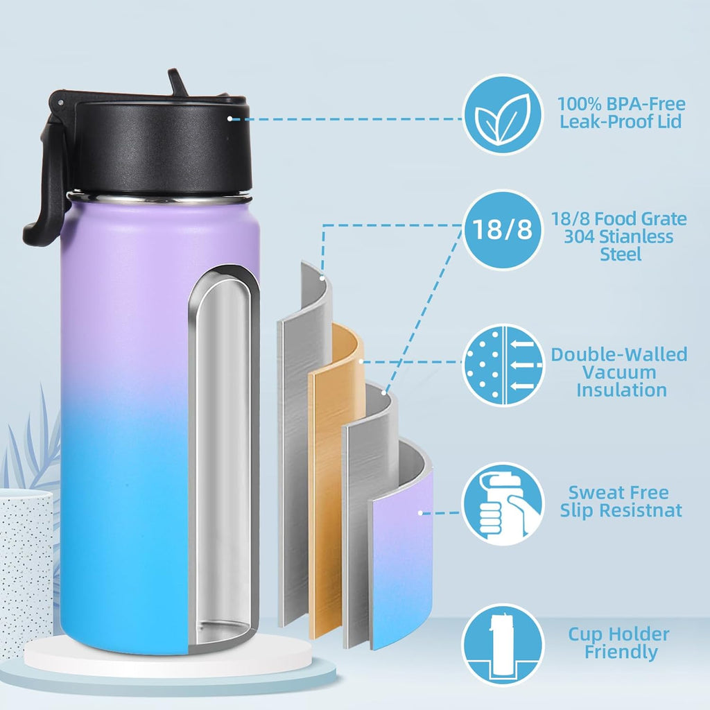 Volhoply 16 OZ Kids Water Bottle Bulk 8 Pack,Insulated Sports Bottles with Straw Lid,Stainless Steel Bottle with Handle Keep Cold & Hot,Double Wall Vacuum Tumbler Cups for School(Assorted, 8)