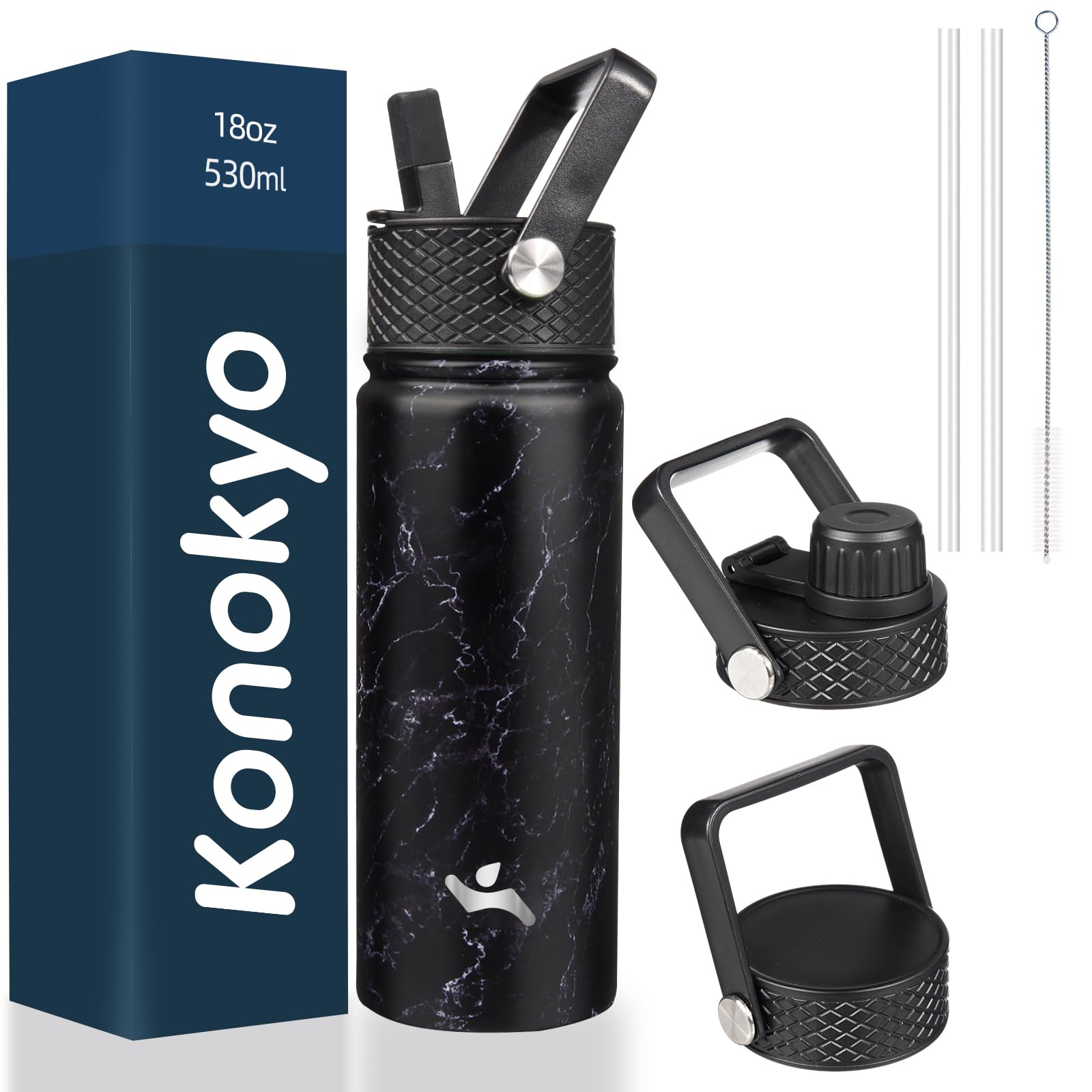 18 oz Insulated Water Bottle Stainless Steel Sport Bottles with 3 Lids,Mint