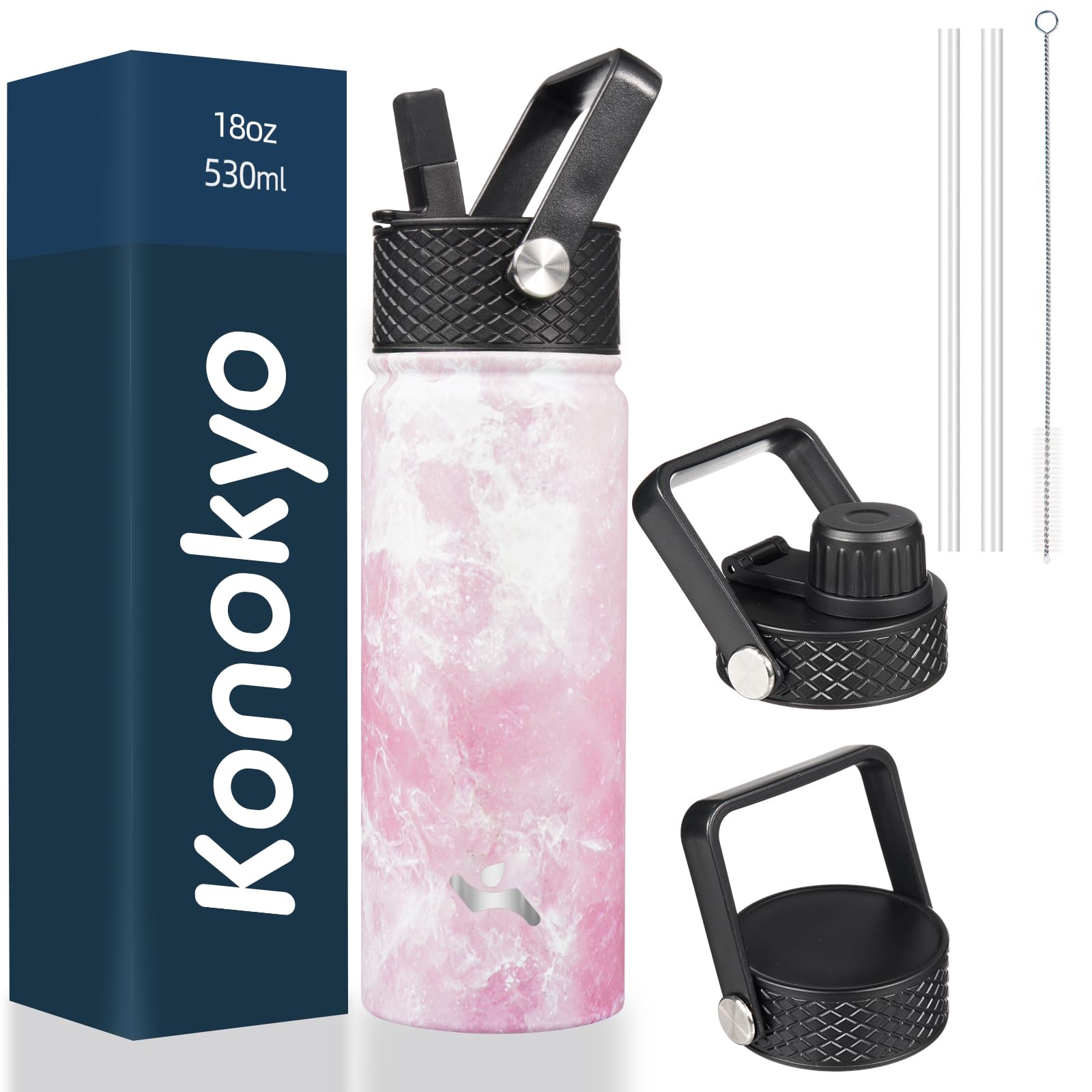 18 oz Insulated Water Bottle Stainless Steel Sport Bottles with 3 Lids,Mint