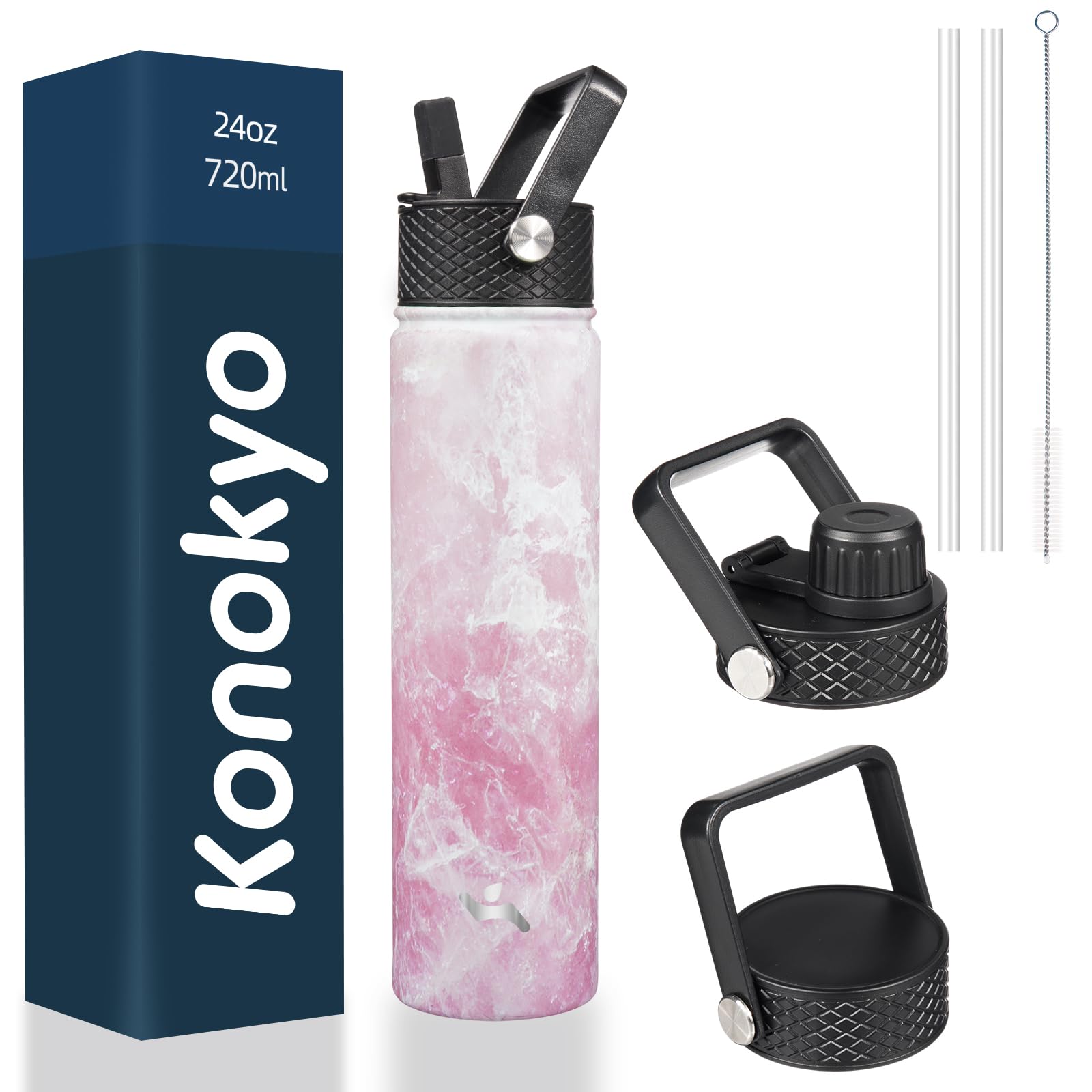 18 oz Insulated Water Bottle Stainless Steel Sport Bottles with 3 Lids,Mint