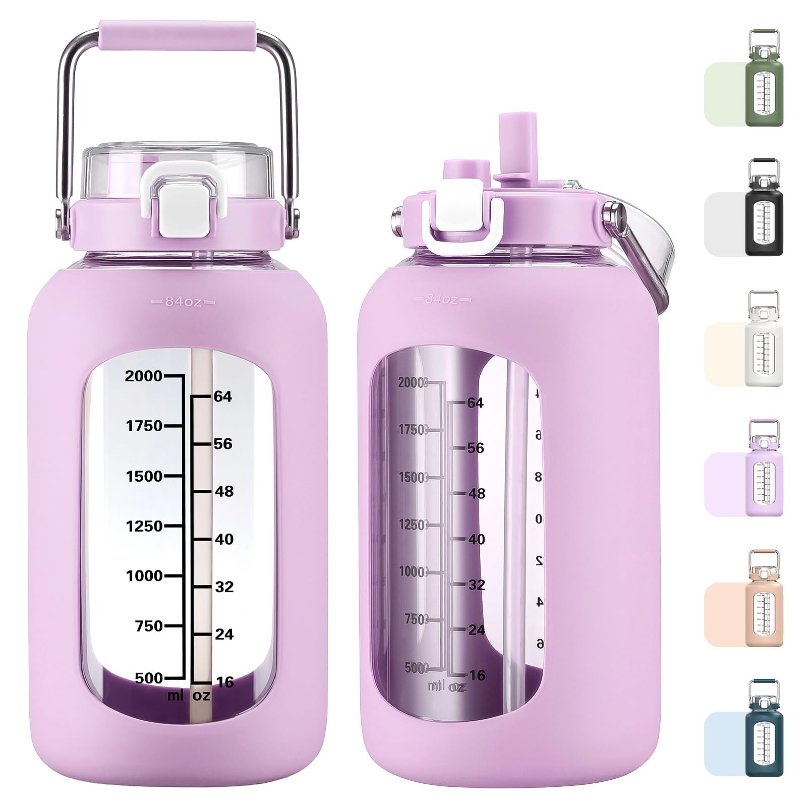 MUKOKO 100oz Glass Water Bottle with Time Marker and Silicone Sleeve 3L Large Water Jug with Stainless Steel Handle Gallon Drinking Bottle with 2-in-1 Lid Wide Mouth BPA Free, Purple