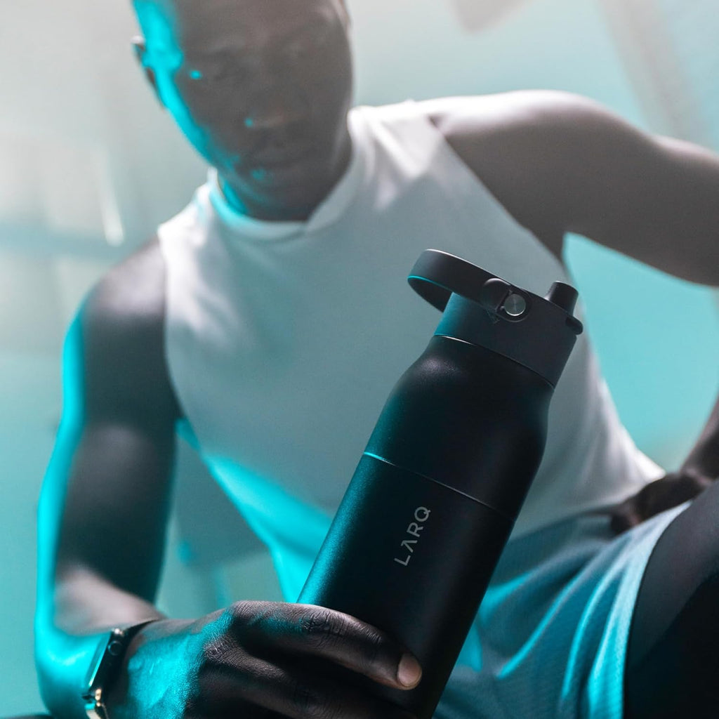 LARQ Twice as Nice Set Bottle Swig Top 34oz - Insulated Stainless Steel Water Bottle With Built-In Silicone Handle, Mojave Dune & Obsidian Black