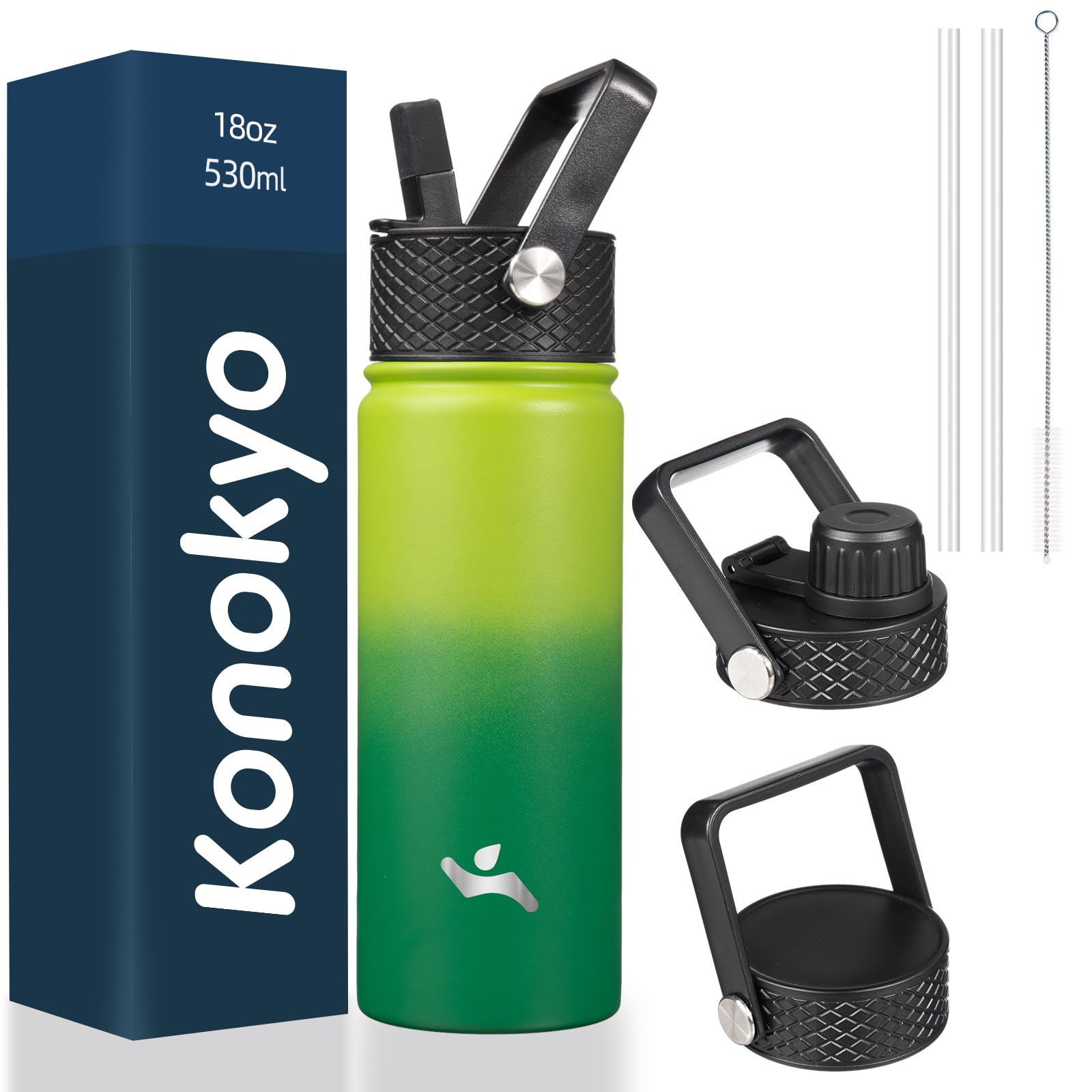 18 oz Insulated Water Bottle Stainless Steel Sport Bottles with 3 Lids,Mint