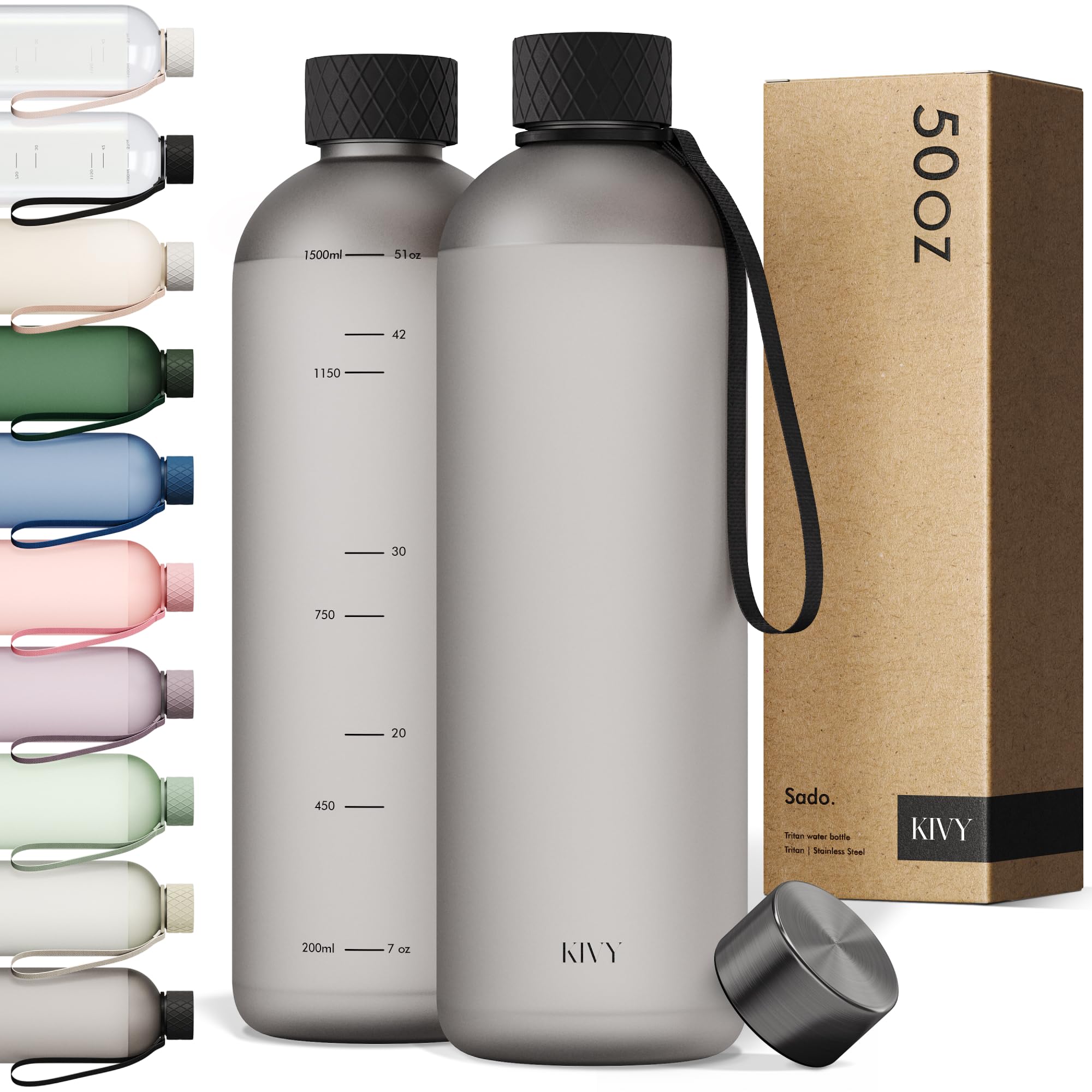 KIVY Large Water Bottle 50oz [Lightweight & Shatterproof] Fits Backpack & Cupholder for Travel, Sports, School - Extra large water bottle no straw - 1.5 Liter water bottles - 50oz Water bottle Green