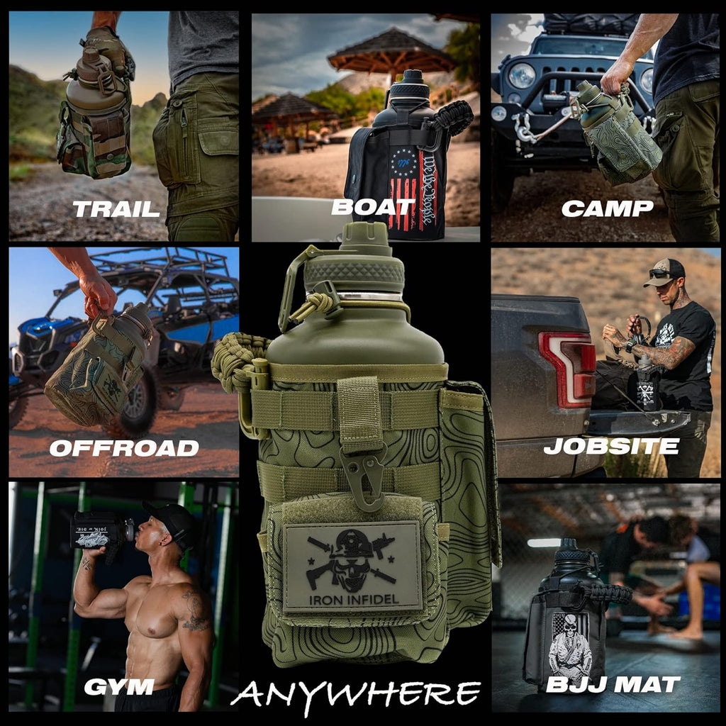 Iron Infidel Battle Bottle - Half Gallon Insulated Stainless Steel Water Jug with Handle - Gym Bottle for Men with Rugged Sleeve (Overland 2 Liter)