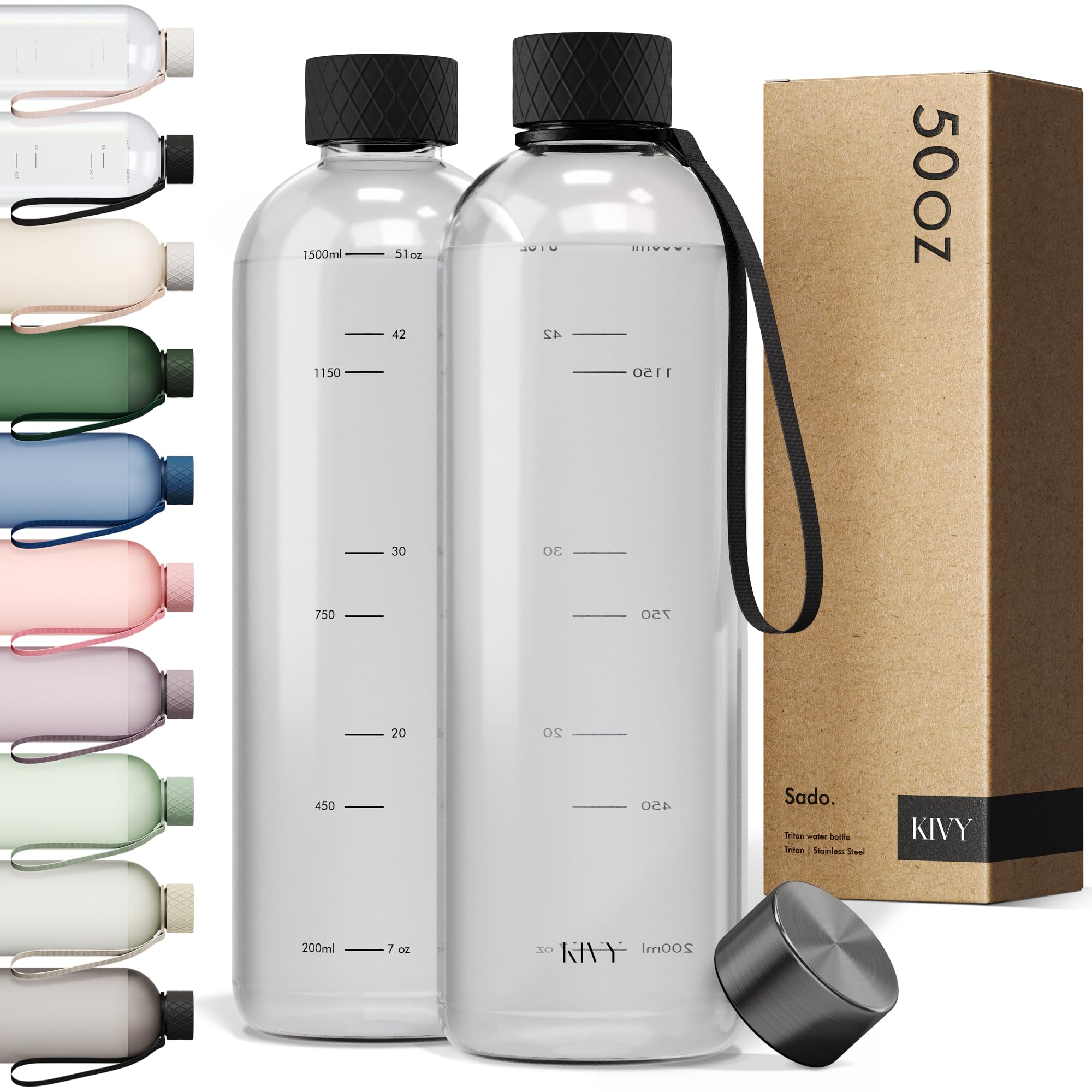 KIVY Large Water Bottle 50oz [Lightweight & Shatterproof] Fits Backpack & Cupholder for Travel, Sports, School - Extra large water bottle no straw - 1.5 Liter water bottles - 50oz Water bottle Green